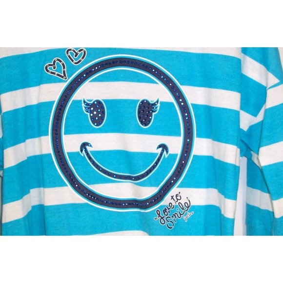 Girls Justice Top 12  Smiley Face Rhinestone Bling Striped Blue White - Picture 2 of 5